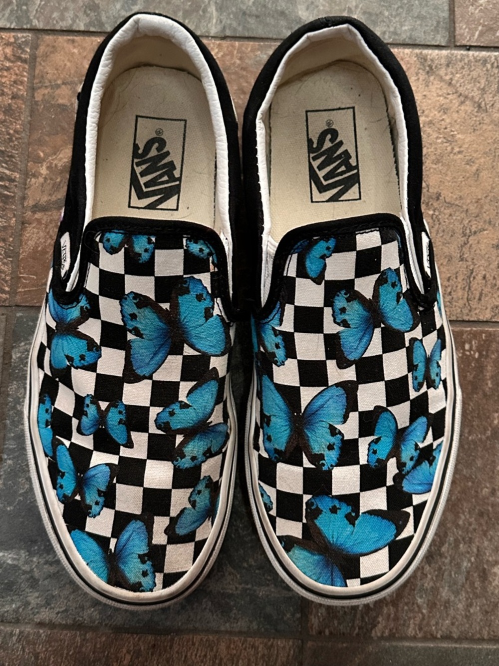 🦋 Vans Slip-Ons - Black/White Checker with Blue Butterfly